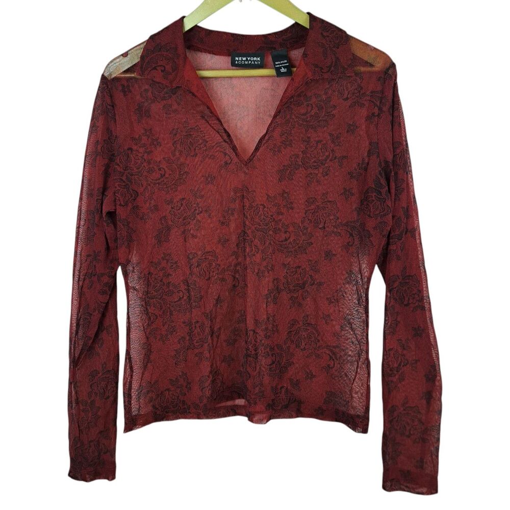 New York Company Women Red Floral Sheer Top See Through 100% Nylon Long Sleeve L
